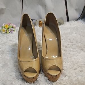 Jimmy Choo Nude Patent Leather Cork‎ Platform Peep Toe Heels Pumps ,Size 38.5 EU